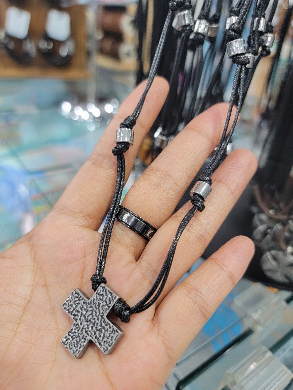 2 Left! Mens Black Cross Pendant Necklace with Adjustable Cord